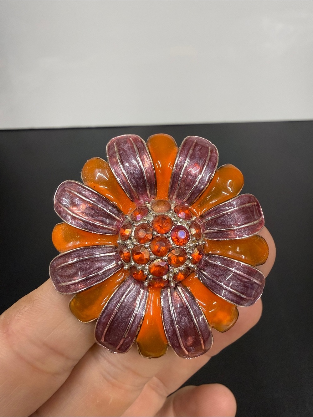 Vintage Orange Purple Enamel Flower Brooch Rhinestone Floral Statement Pin